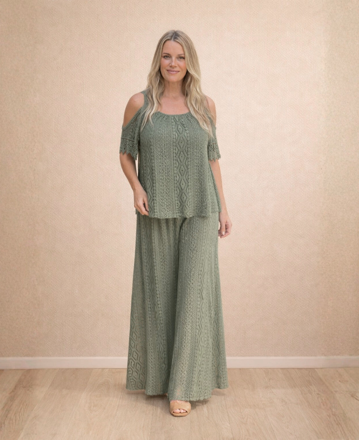 Louella Lace Cup Top in khaki cotton lace shown full length from the front with matching lace boho pants, relaxed Australian summer style.
