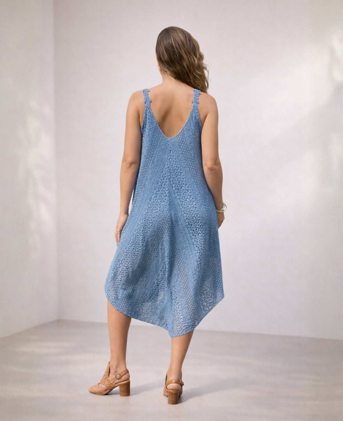 Back view of Louella Swing Lace Dress in Jeans blue showing soft V-back and lace shoulder straps.