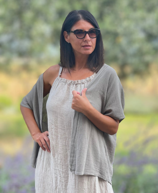 Taupe Mae Kimono made from airy linen mesh fabric, offering effortless summer elegance and versatility.