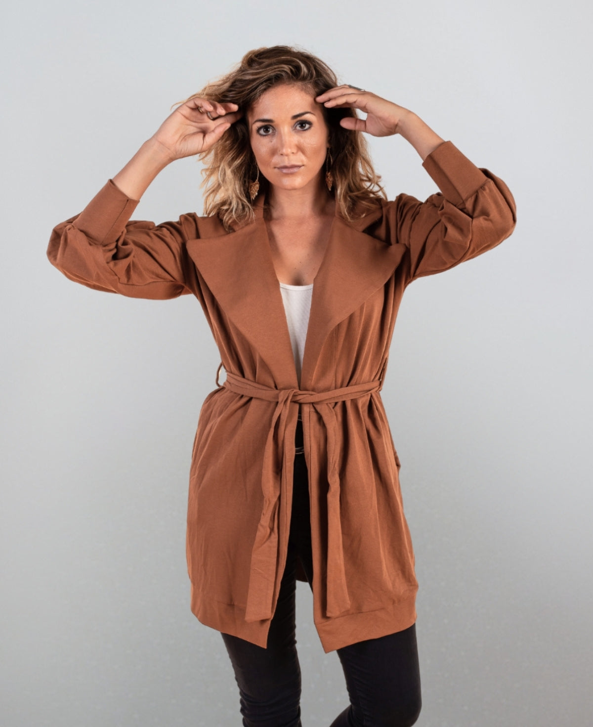 Camel Milano Sweater Belted Coat, a warm-toned layering essential with timeless elegance.