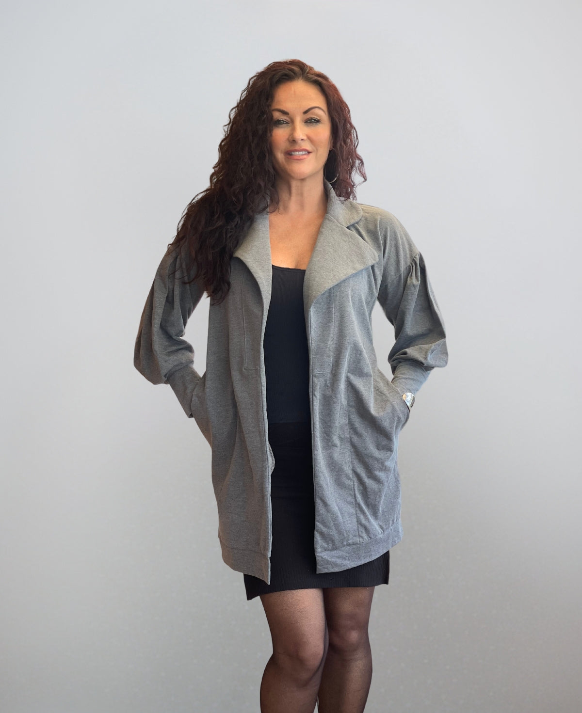 Chic grey belted coat, crafted from soft cotton jersey for a sophisticated yet comfortable look.