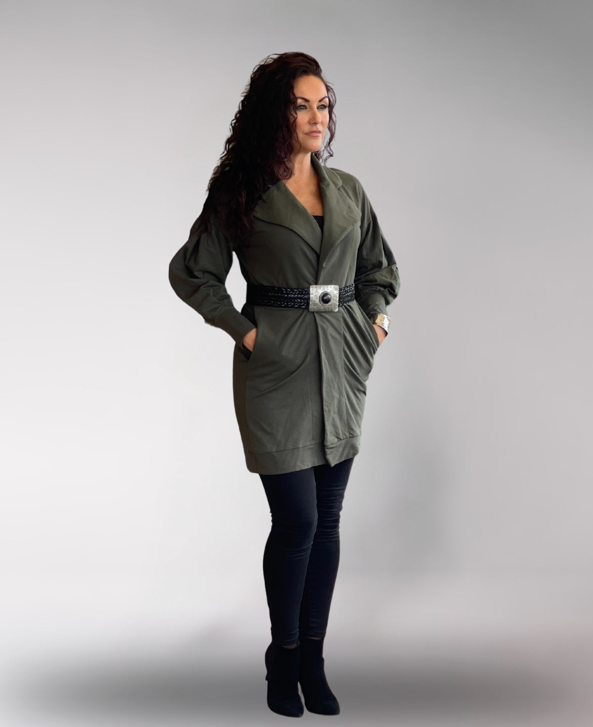 Khaki Milano Sweater Belted Coat, a versatile staple with a cinched waist and sophisticated drape.