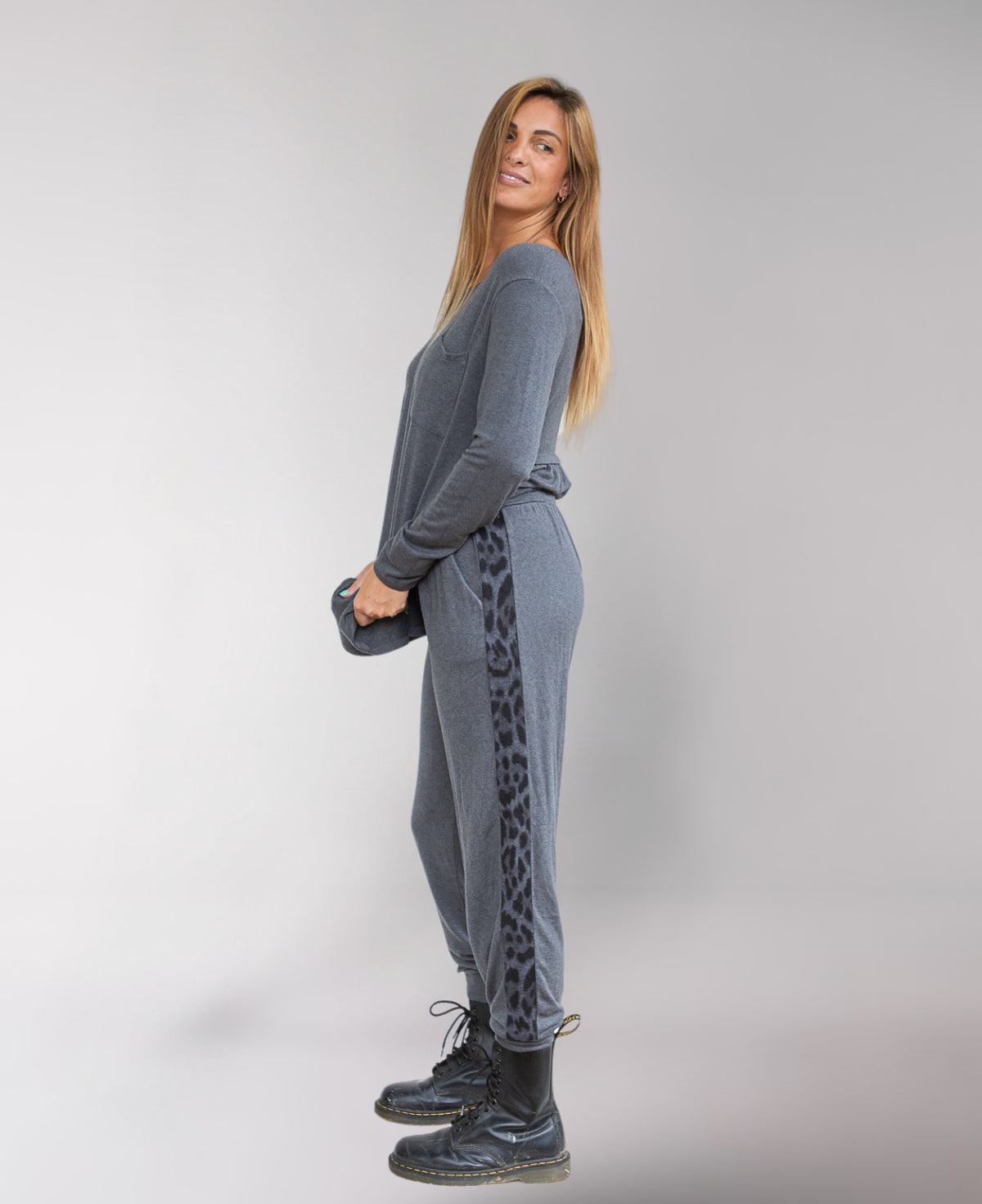 Side view of Charcoal Paris Joggers showcasing tapered legs and cuffed hems