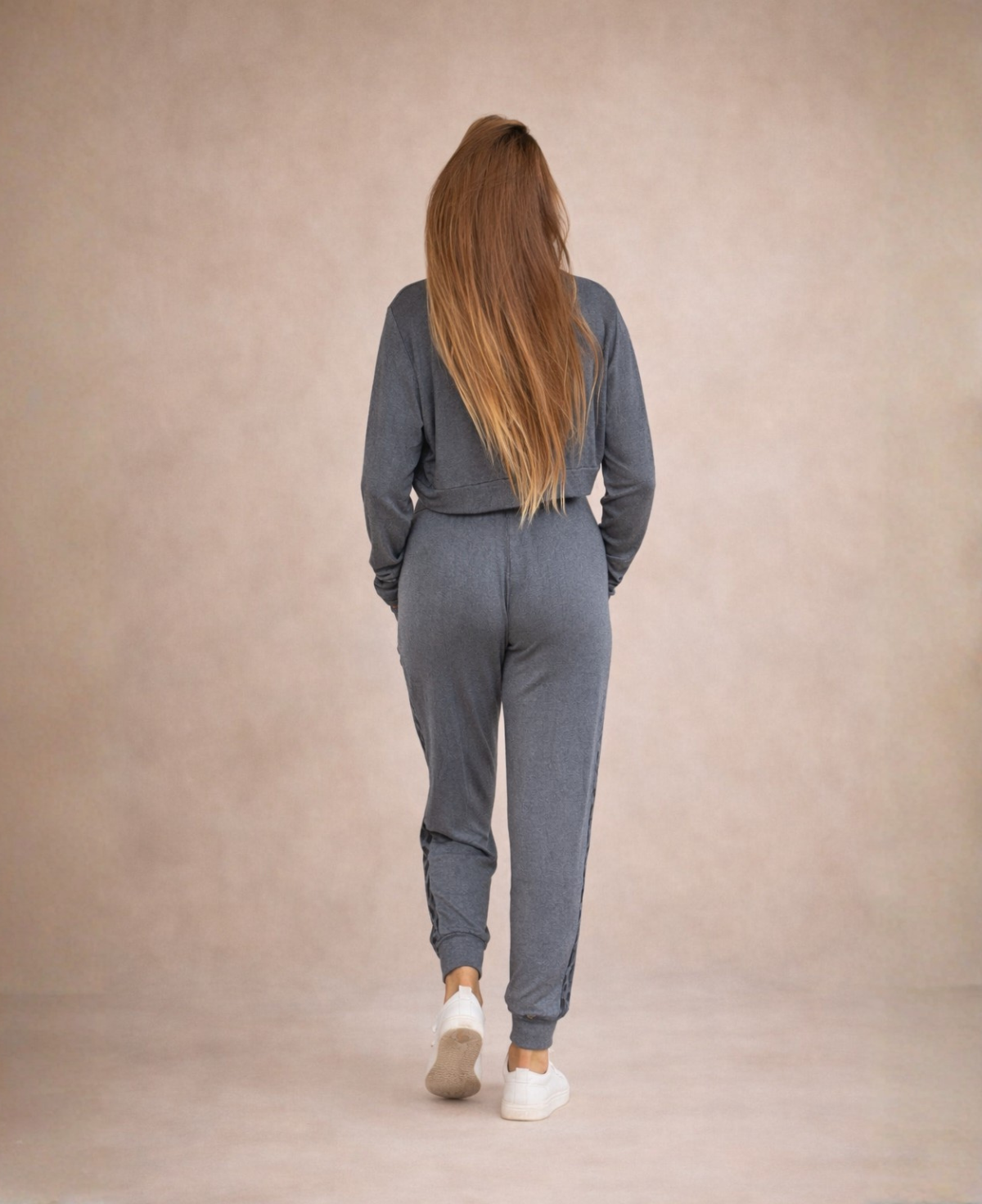 Back view of Paris Knit Jogger pants in grey showing relaxed fit and cuffed jogger leg