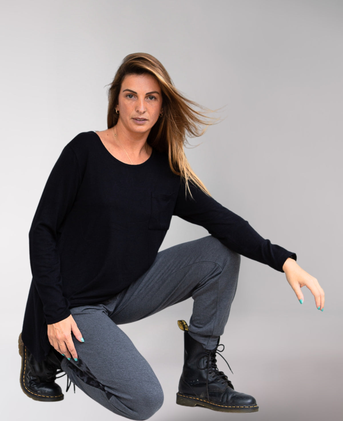 Fashion shot of Charcoal Paris Joggers paired with a casual top for a stylish look
