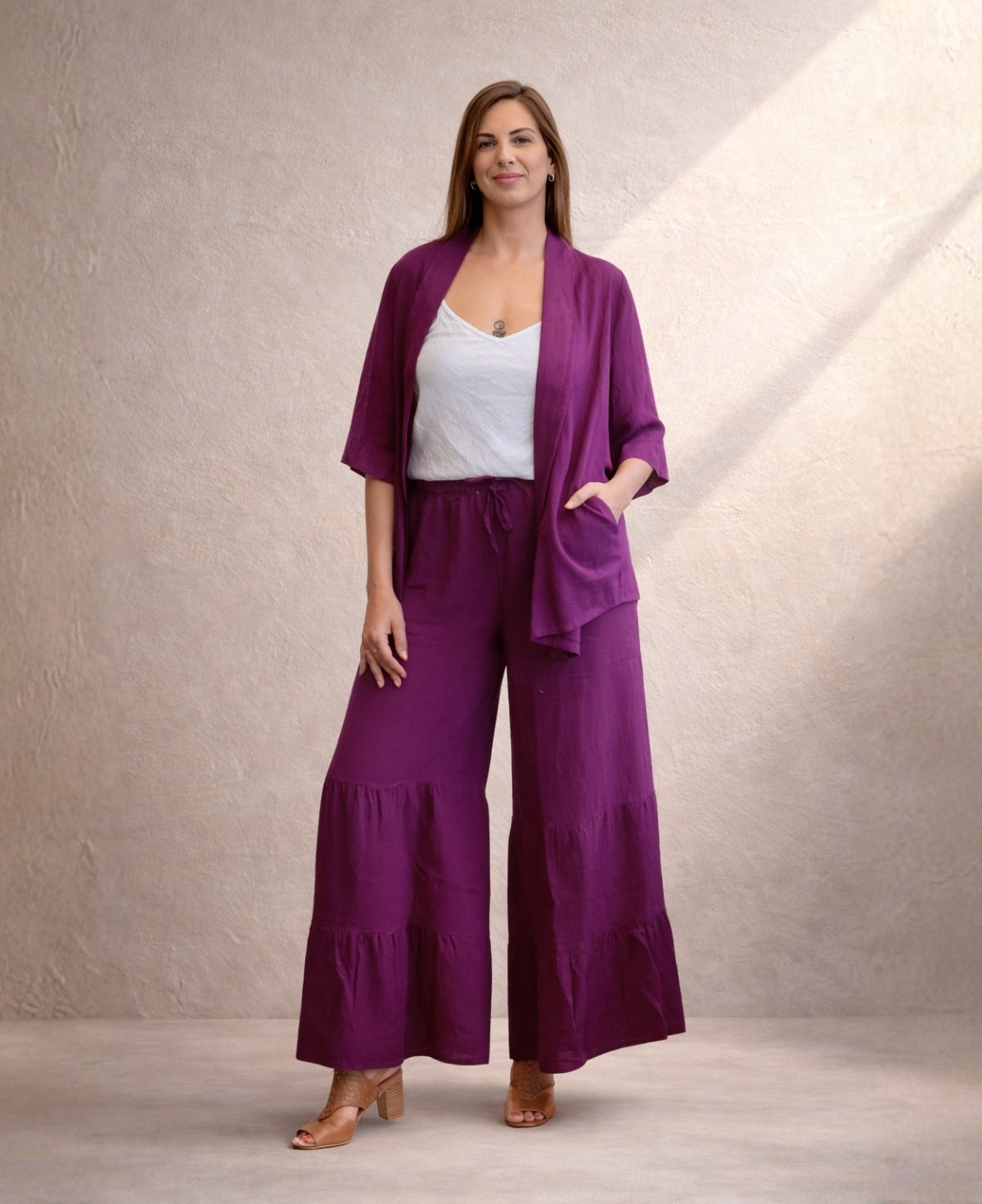 Purple Pauline wide leg linen pants for women, boho style with sewn layered panels, lightweight 100% linen worn with matching kimono