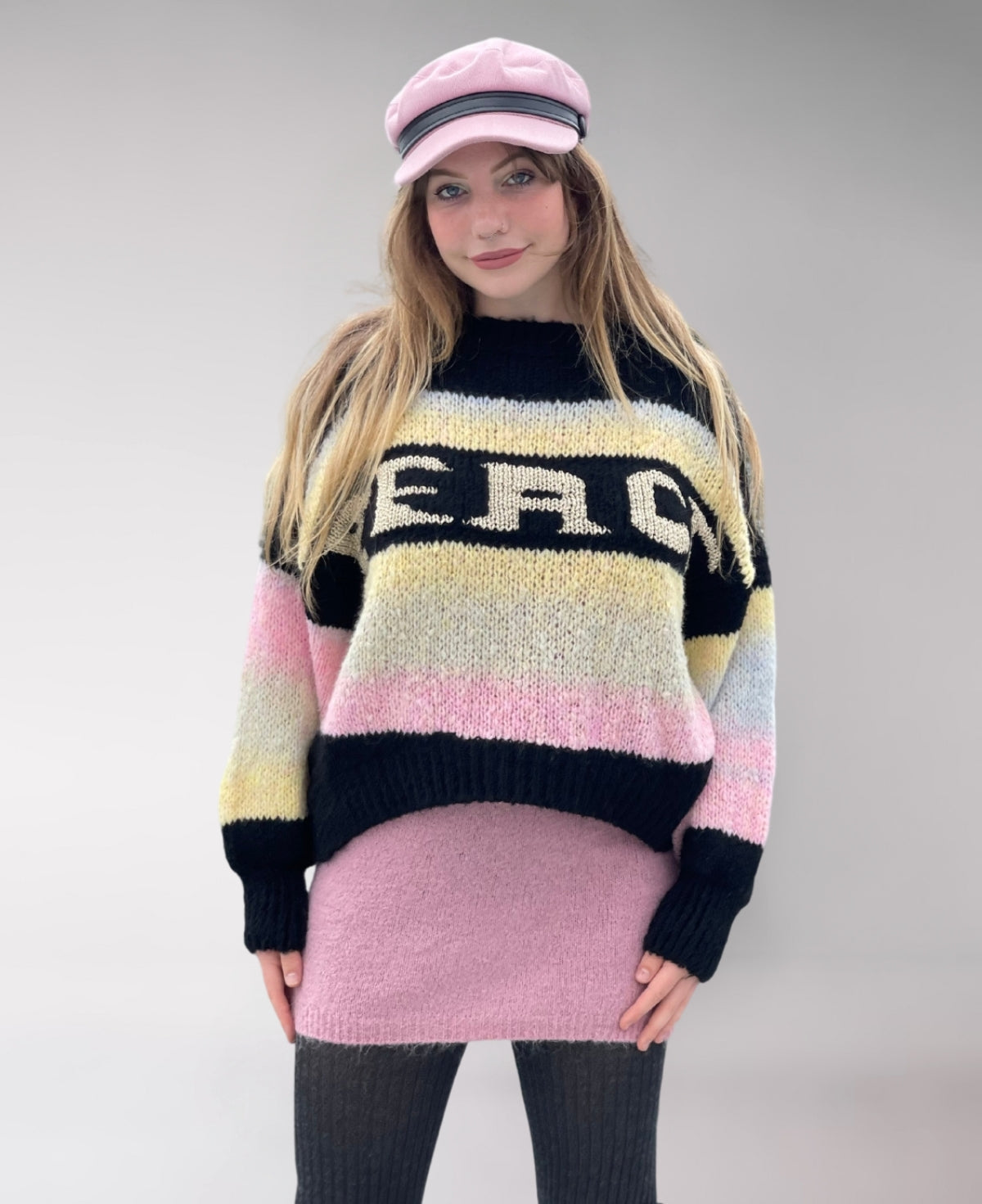 Full frontal view of Black "Peace" Sweater with drop shoulders and ribbed knit detailing