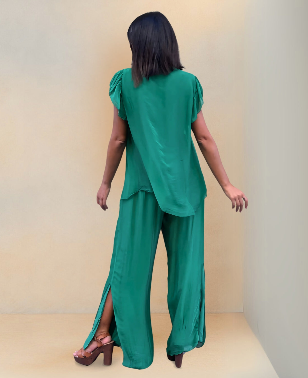 Back view of Silk-Blend Pants showing relaxed fit and flowing silhouette