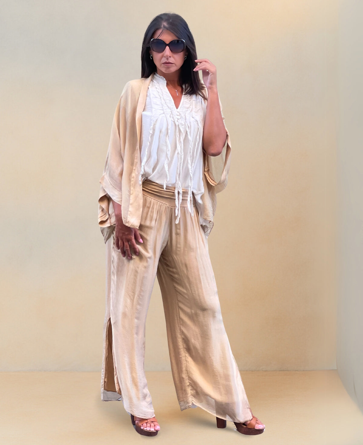 Full frontal view of Silk-Blend Pants with stylish stretch waistband and flowing design