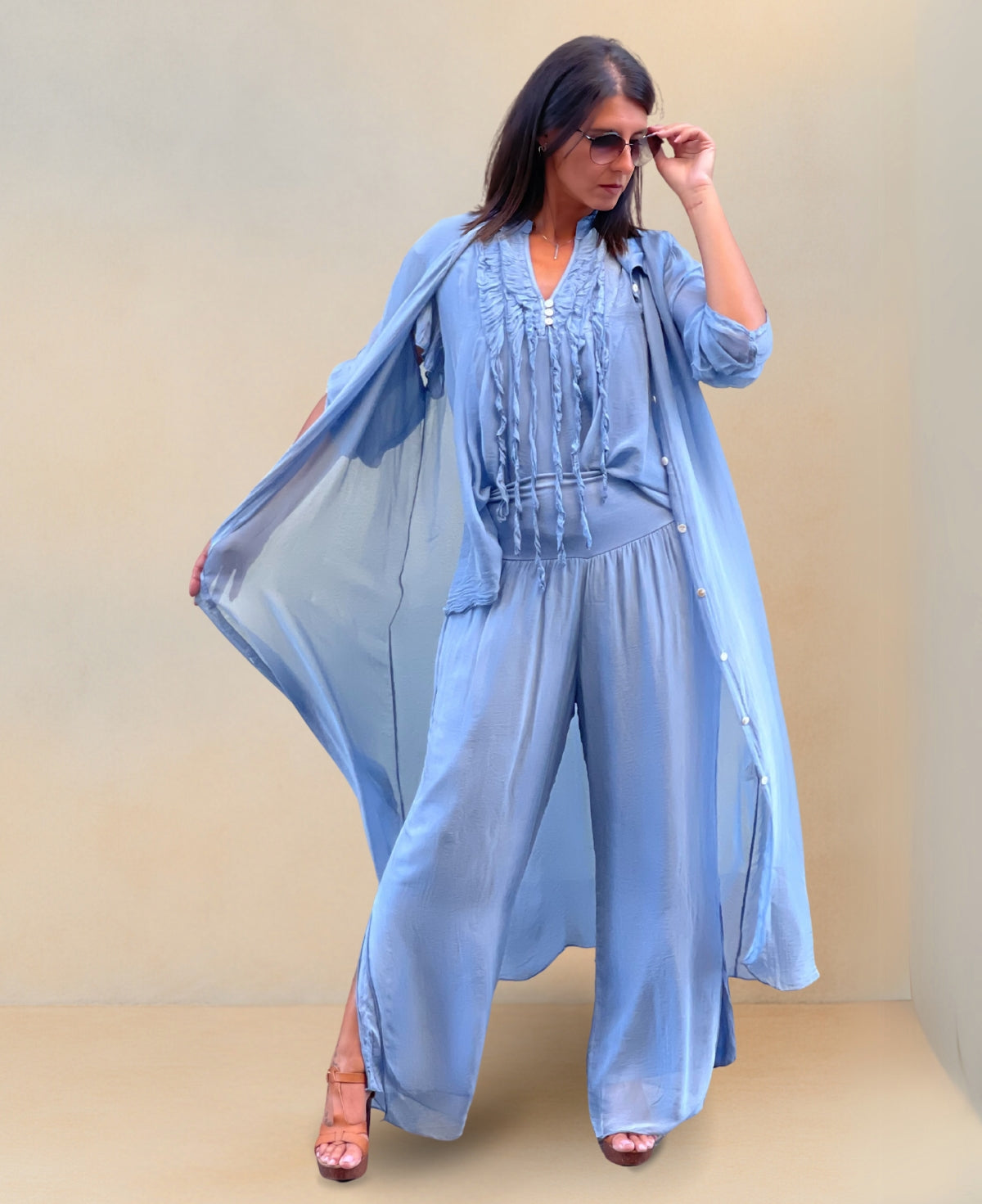 Full frontal of Silk-Blend Pants in jeans colour with comfortable stretch waistband and flowing fabric