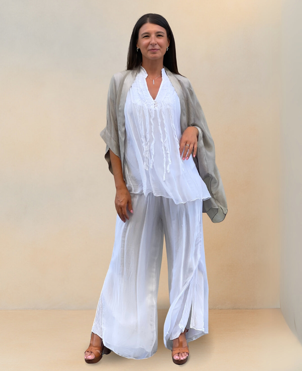 Full frontal shot of Silk-Blend Pants with comfortable stretch waistband and sleek fit