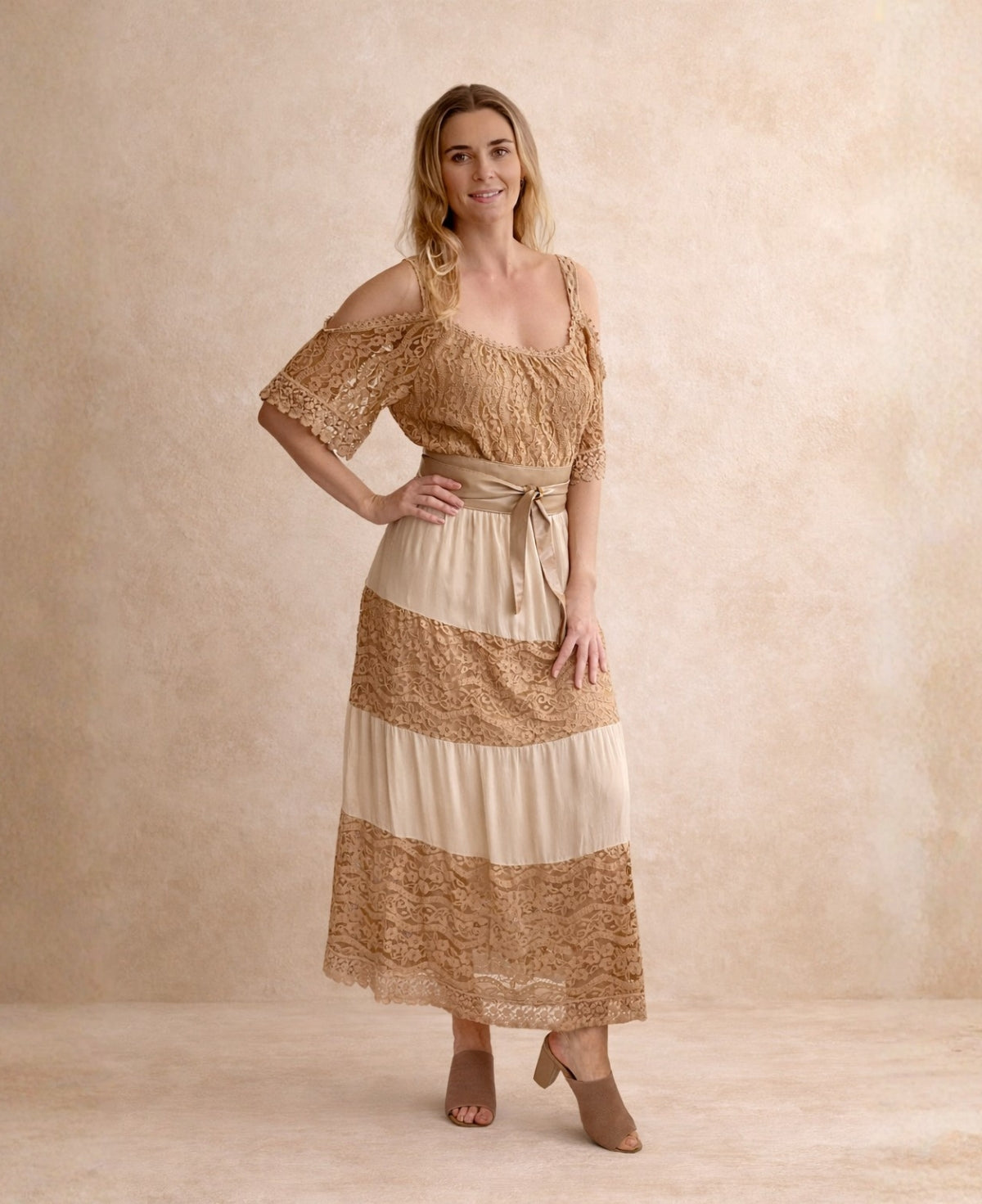 River Silk & Lace Dress in camel colour showing front view with lace and silk panels and removable belt.