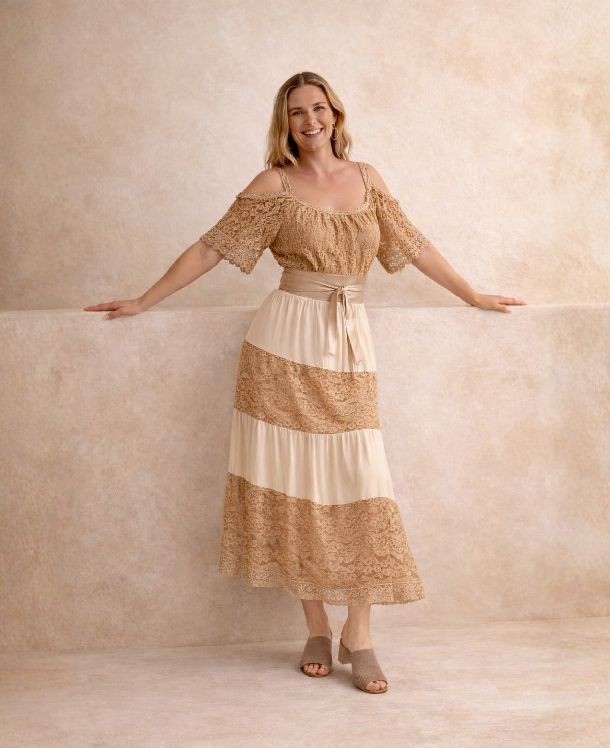 Front view of the River Silk & Lace Dress in camel showing lace sleeves and layered silk panels.