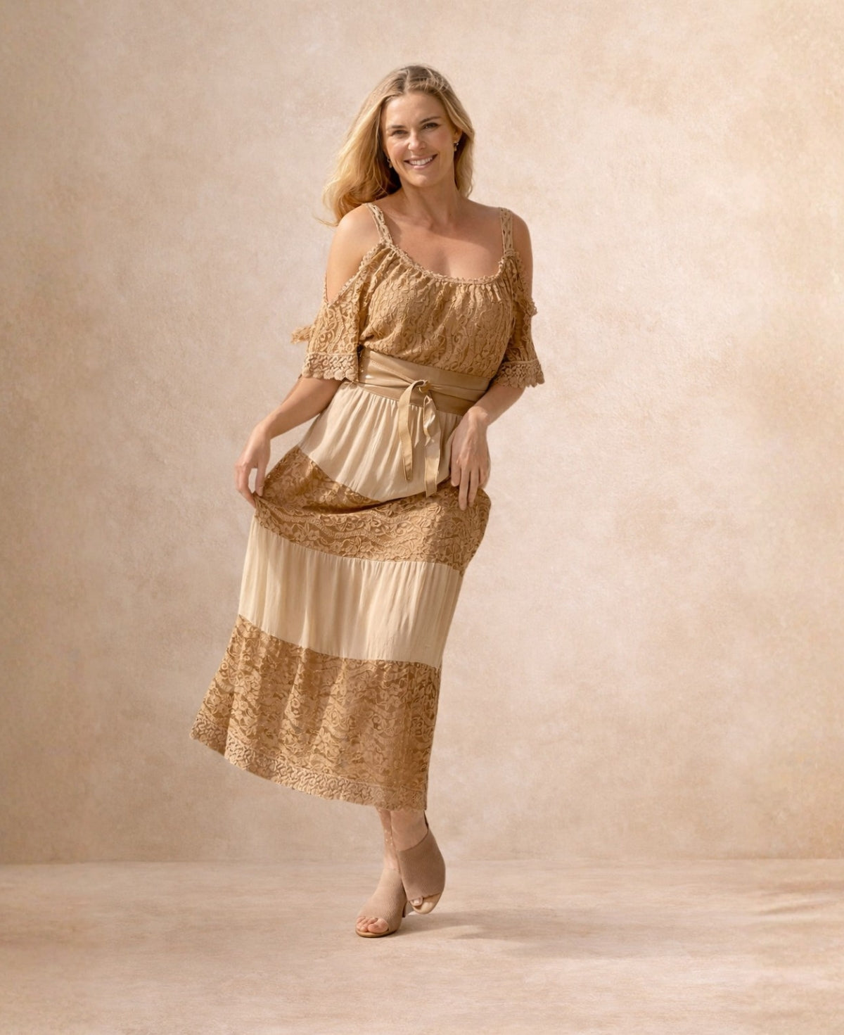 River Silk & Lace Dress camel variant with flowing skirt showing lace and silk panels in motion.