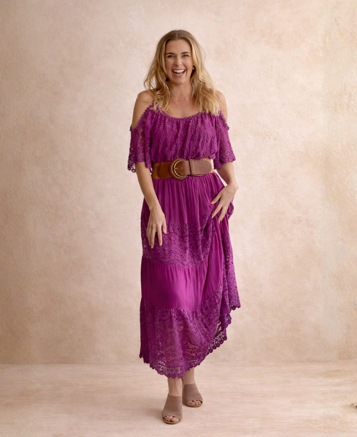 River Silk & Lace Dress in sangria colour front view showing lace bodice and flowing silk panel skirt.