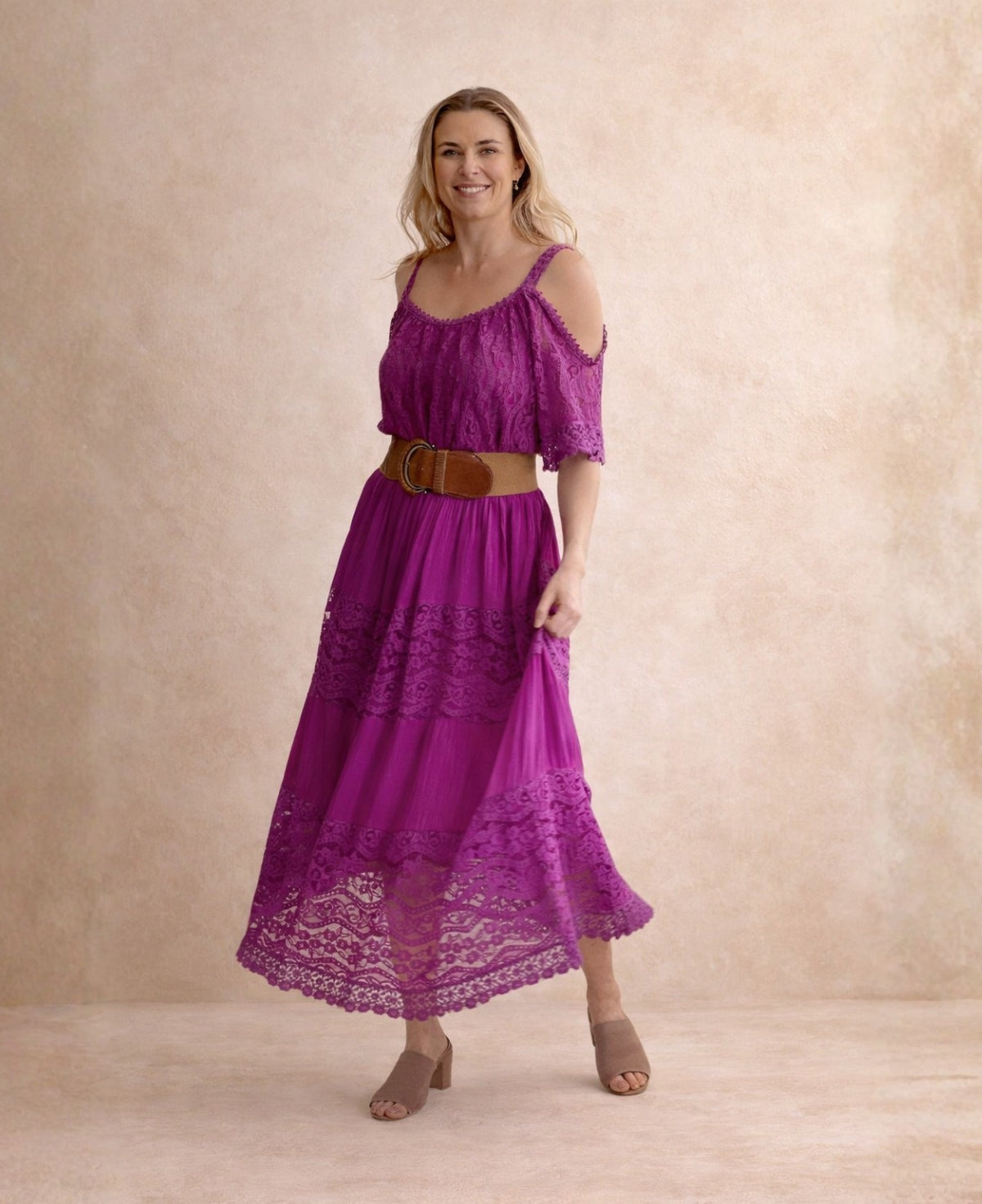 River Silk & Lace Dress sangria colour in studio setting highlighting lace panels and silk fabric movement.