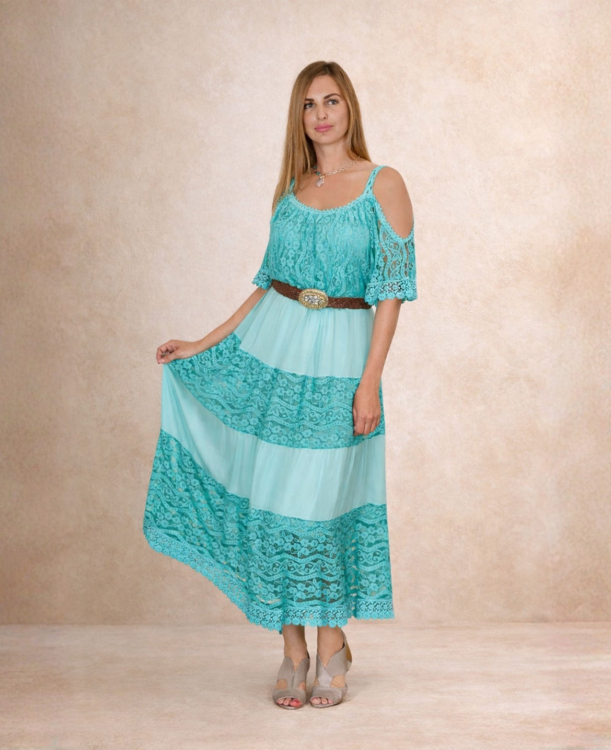 River Silk & Lace Dress in tiffany blue showing full front view with lace sleeves and layered silk panels.