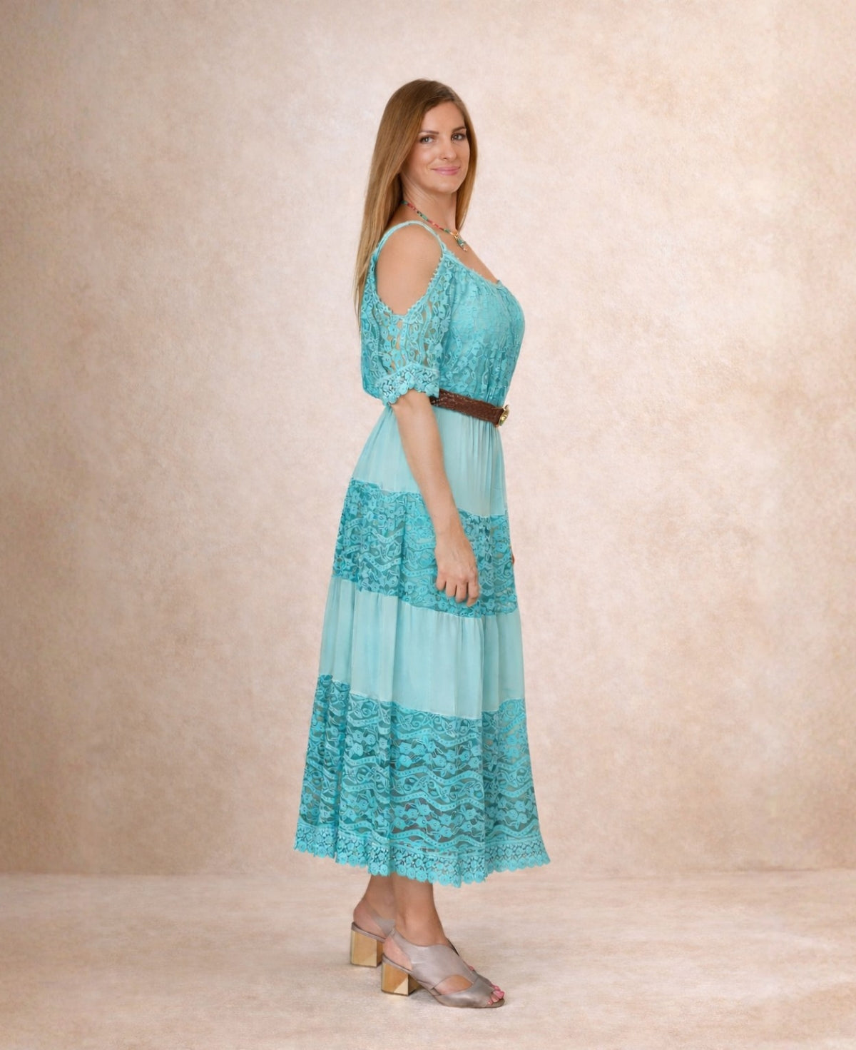 Side view of the River Silk & Lace Dress in tiffany colour highlighting lace bodice and silk panel skirt.