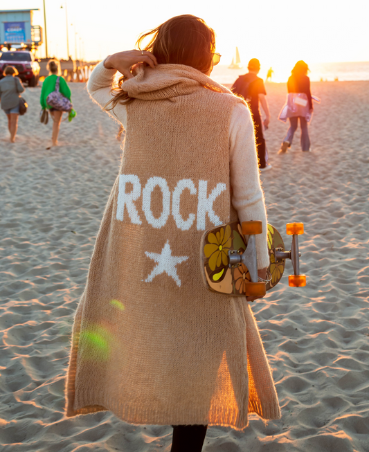 Back view of Camel Rockstar Jumper with "ROCK" graphic and hooded design