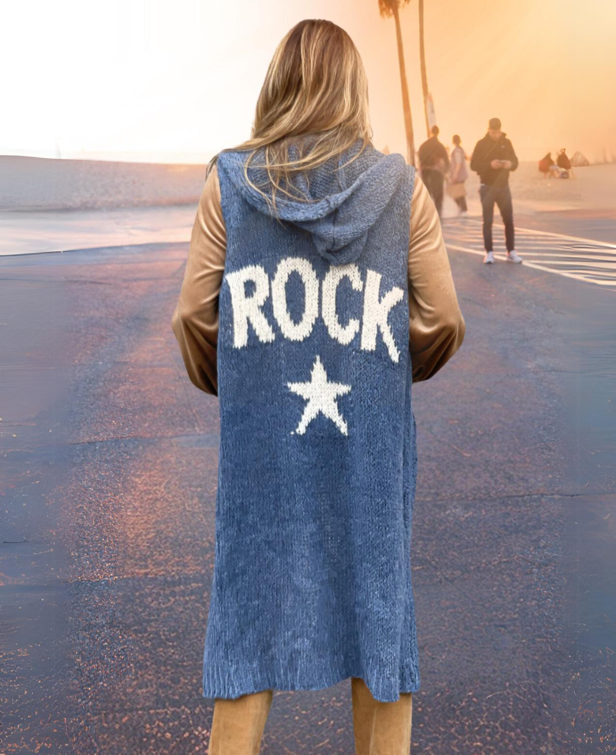 Back view of Jeans Rockstar Jumper with "ROCK" graphic and hooded design