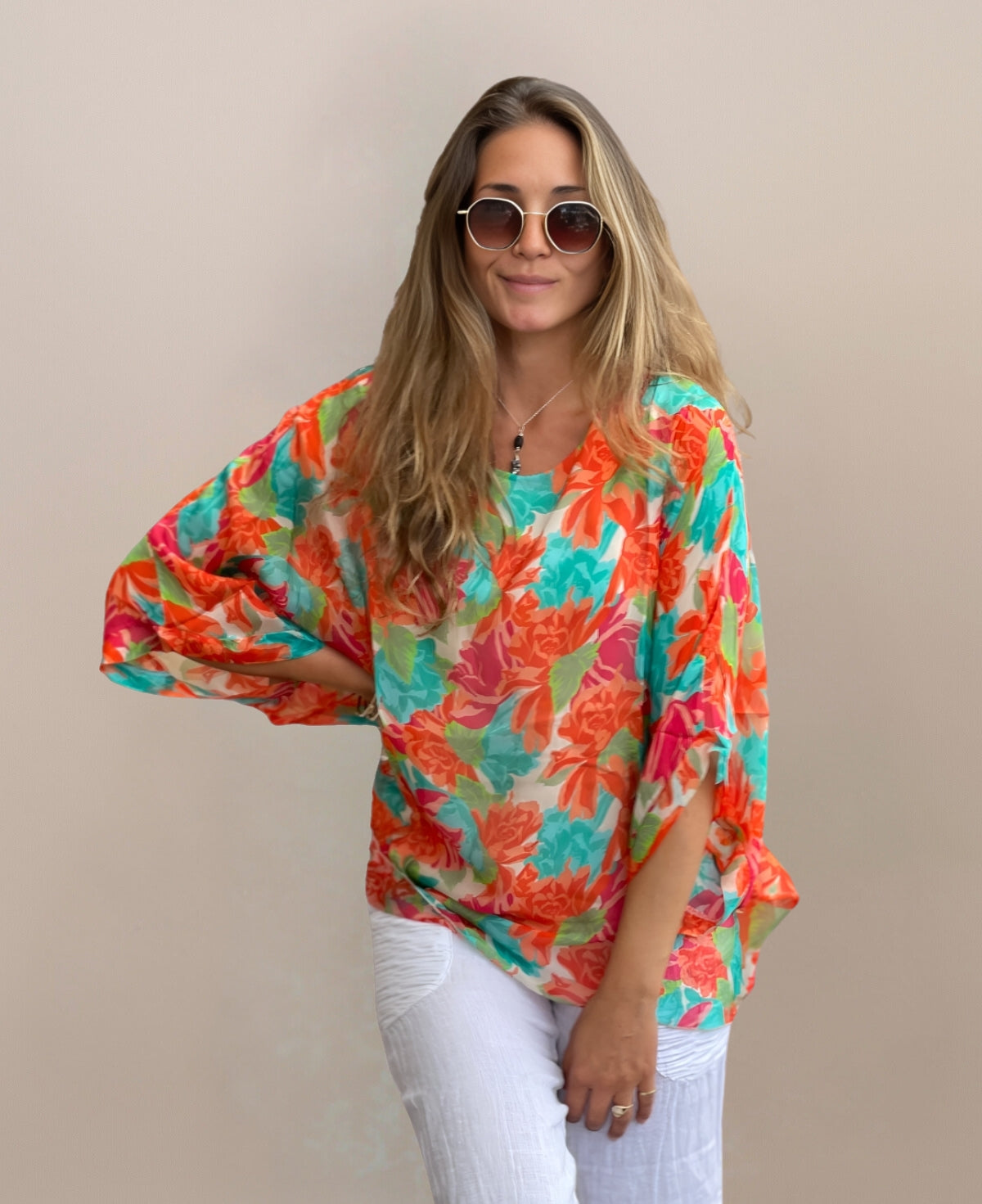 Front view of Roses Silk Top showing relaxed fit and 3/4 batwing sleeves
