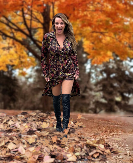 Styled look featuring Vintage Ruby Long Shirt-Dress paired with statement thigh boots