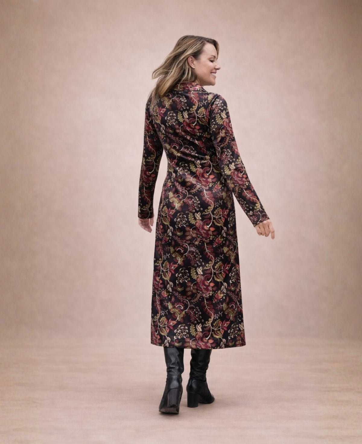 Back view of the Ruby Velour Vintage Shirt Dress in vintage print velour fabric, showing the fitted silhouette and long sleeve design.