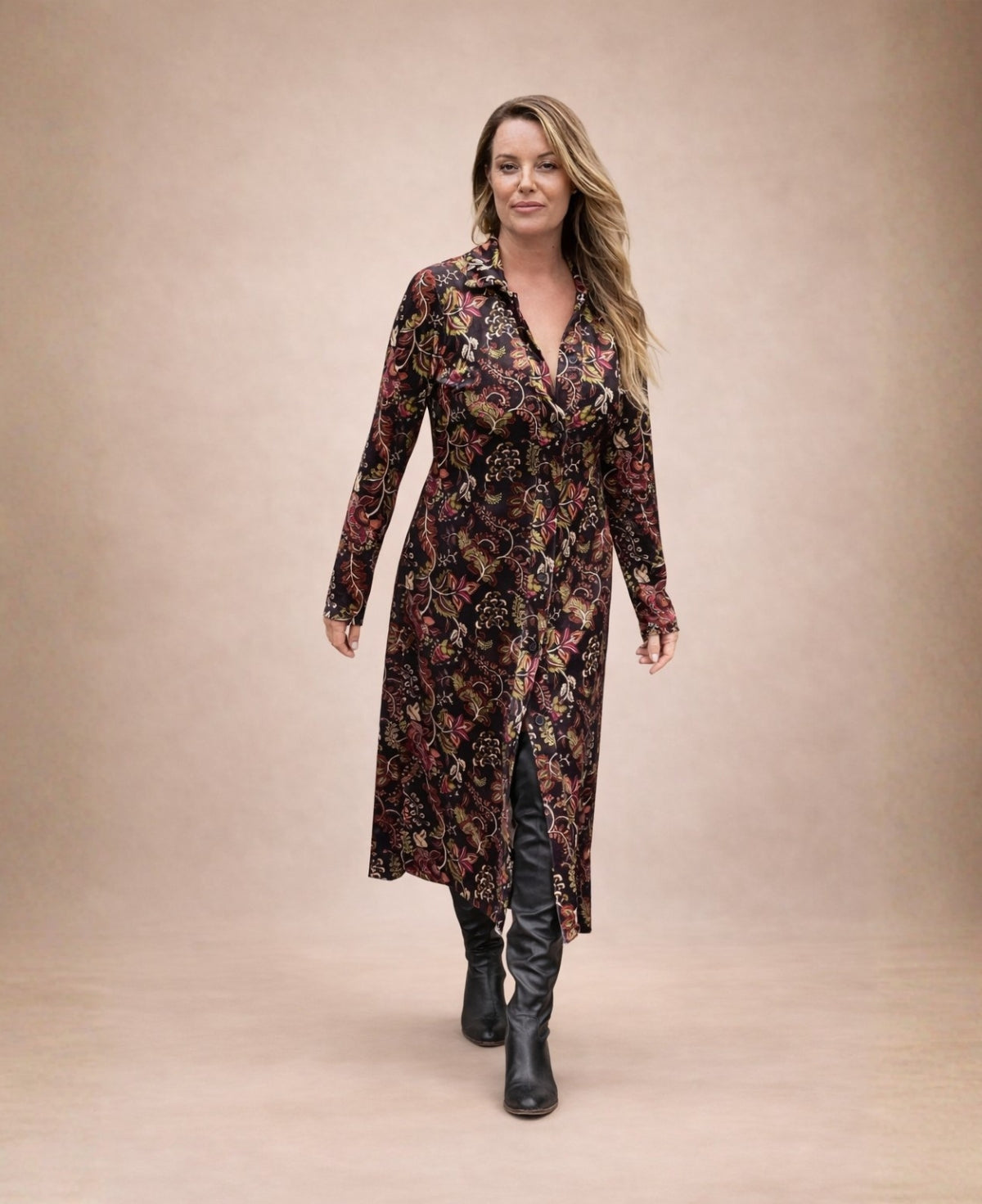 Model wearing the Ruby Velour Vintage Shirt Dress in vintage print velour fabric, front view showing midi length and button front design.