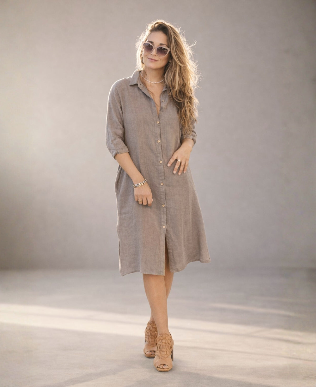 Tope Samira Linen Shirt-Dress worn buttoned as a dress, front studio view highlighting soft drape and breathable linen fabric.