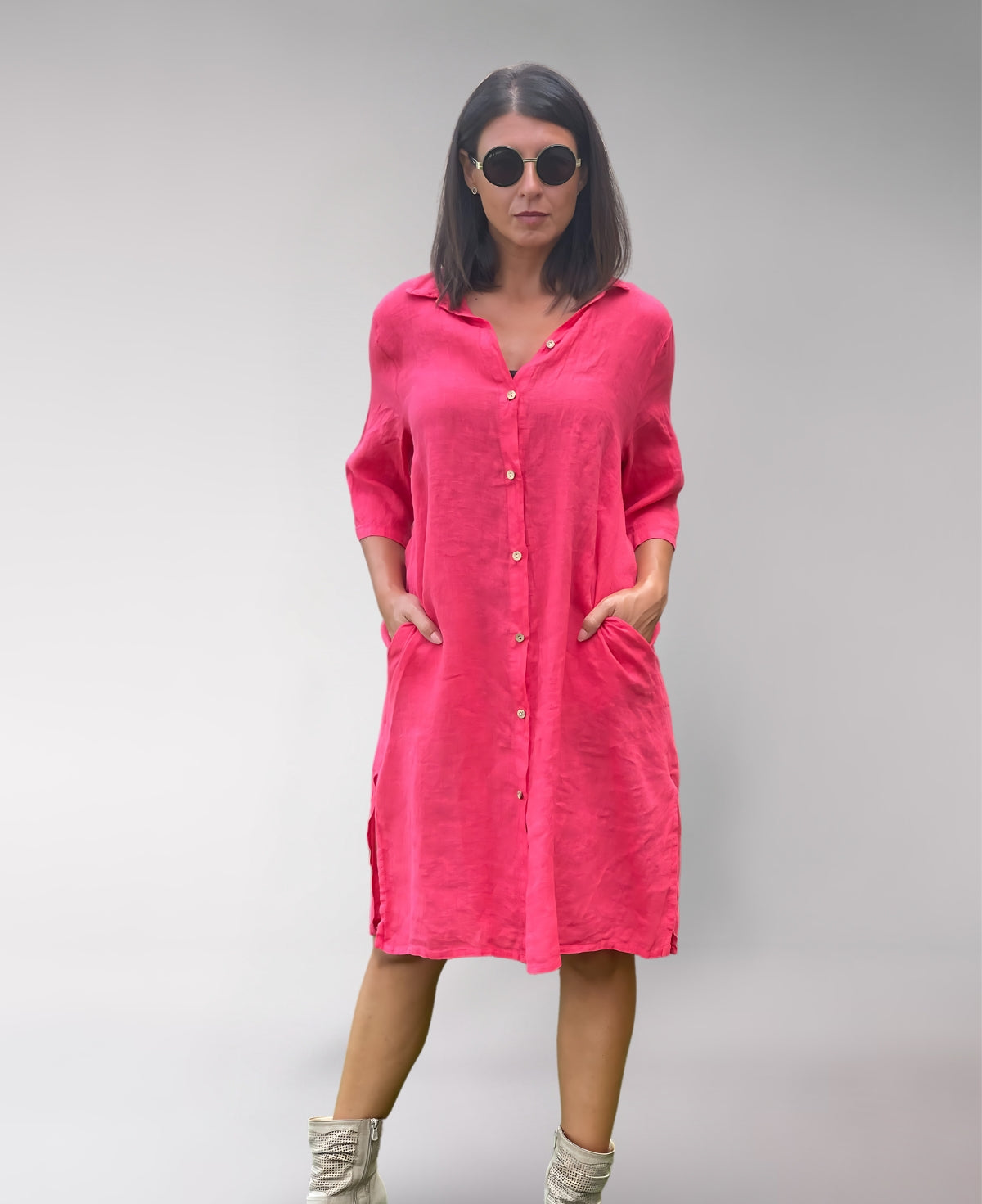 Strawberry-colored Samira Linen Shirt Dress with a classic button-down design and relaxed, breathable fit, ideal for stylish summer elegance.
