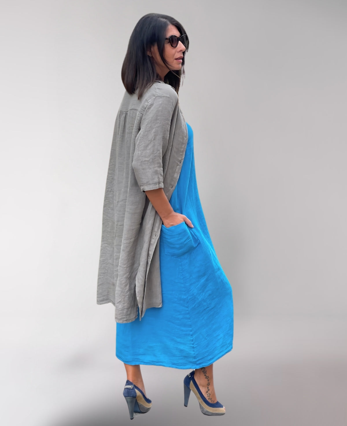 Taupe Samira Linen Shirt Dress with a classic button-down design and relaxed fit, offering a cool, breathable, and elegant summer style.