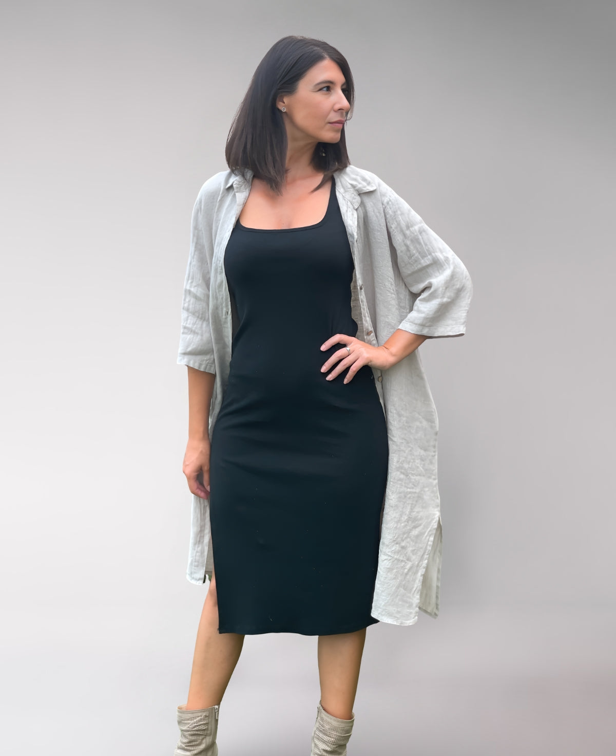 Beige Samira Linen Shirt Dress made from premium linen, featuring a flattering button-down design and effortless relaxed fit for warm days.