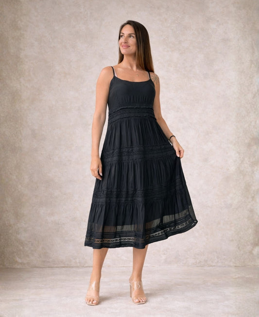 Shae silk blend midi dress in black with delicate lace detailing, front view