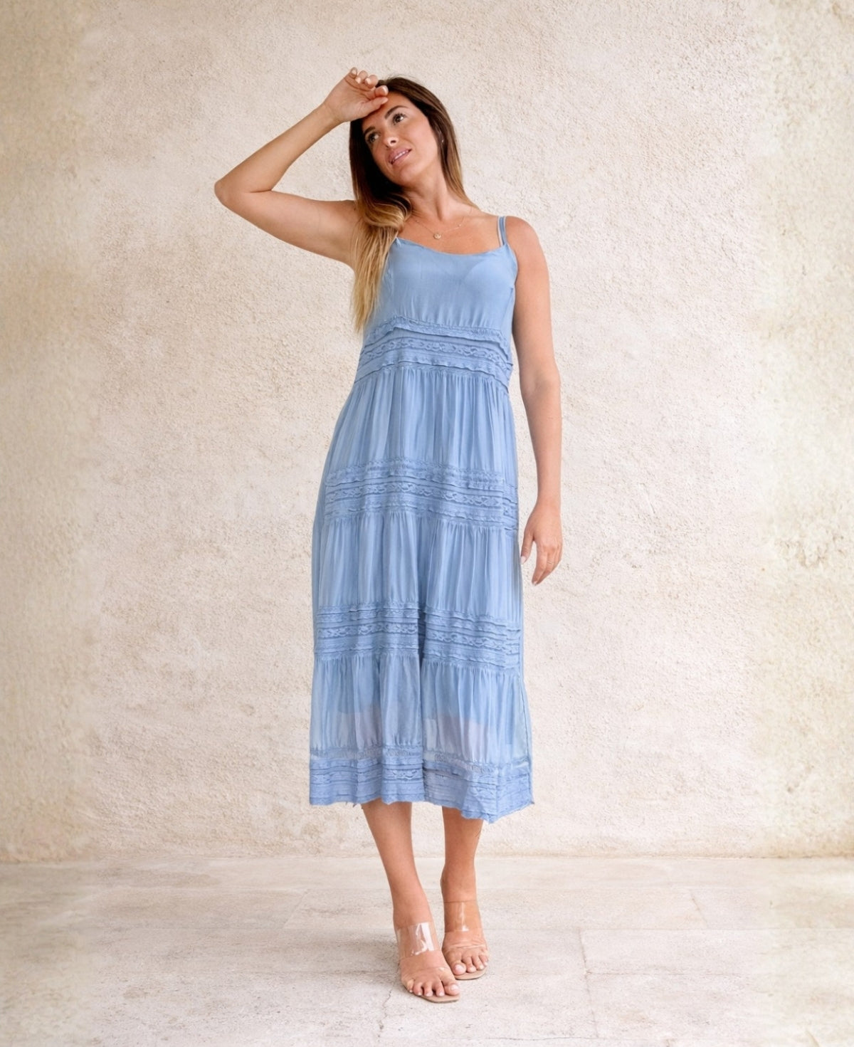 Shae silk blend midi dress in light blue with lace tiers, front view