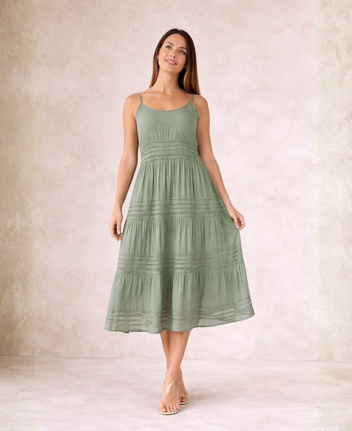 Shae silk blend midi dress in sage green with lace tier design, front view