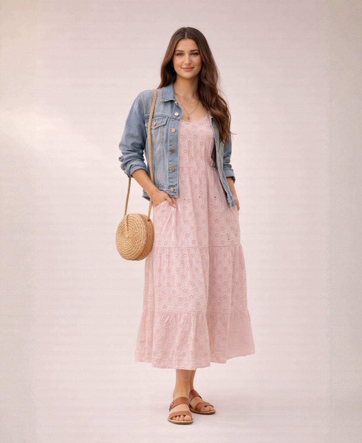 Rose Skylar Cotton Eyelet Dress styled with a denim jacket and bag, showing cotton eyelet fabric and relaxed summer layering