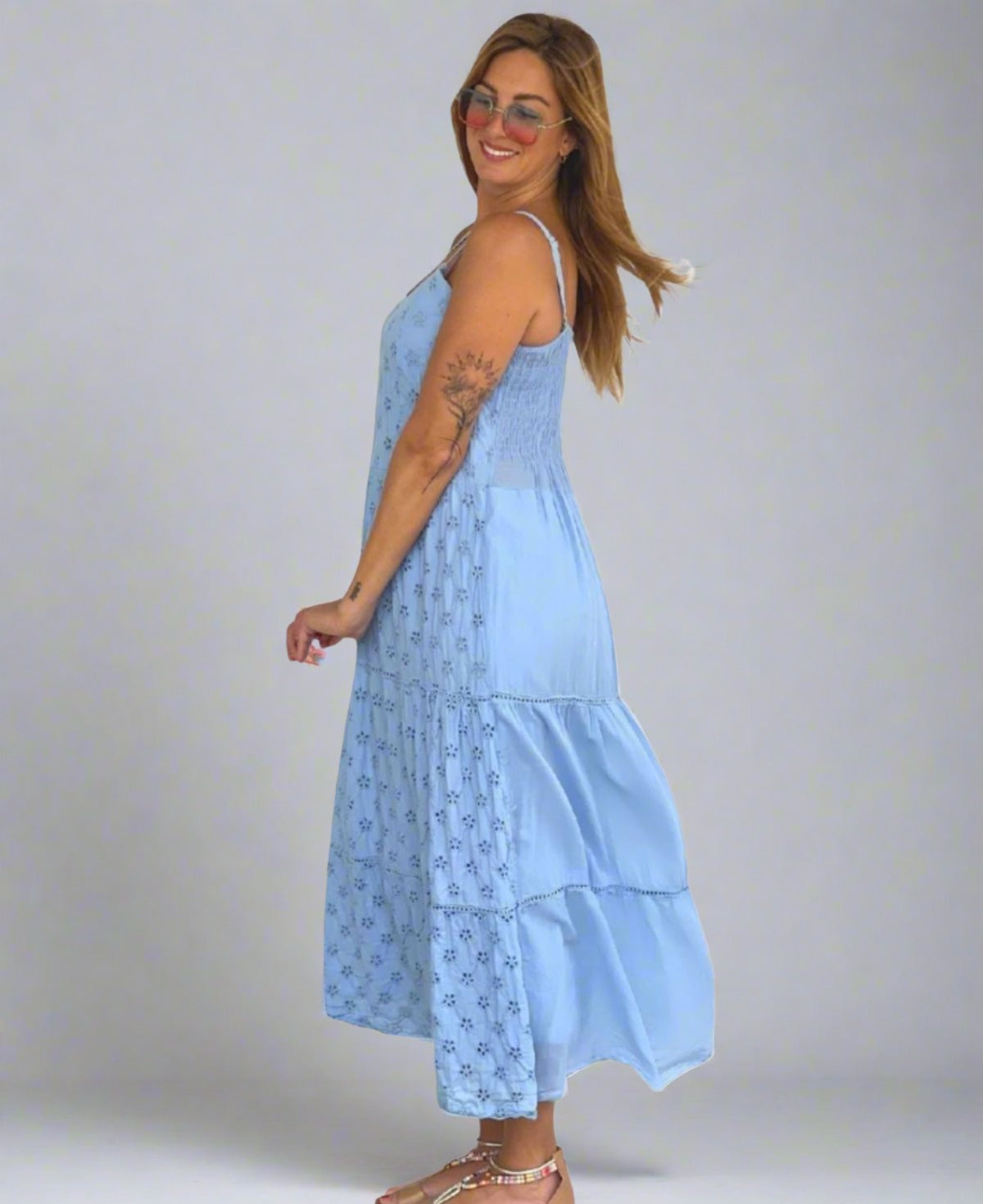 Silver Eyelet Embroidered Tiered Ruffle Maxi Dress featuring subtle eyelet embroidery, a graceful A-line silhouette, and elegant tiered ruffles for a chic, versatile look.