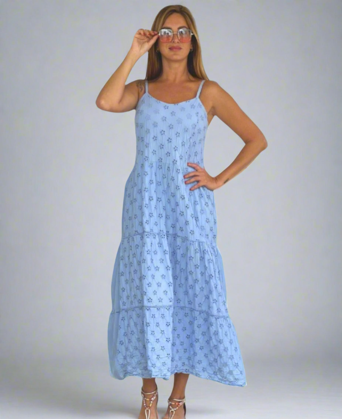 Sky blue Eyelet Embroidered Tiered Ruffle Maxi Dress with delicate eyelet detailing, a soft A-line silhouette, and tiered ruffles for effortless elegance.