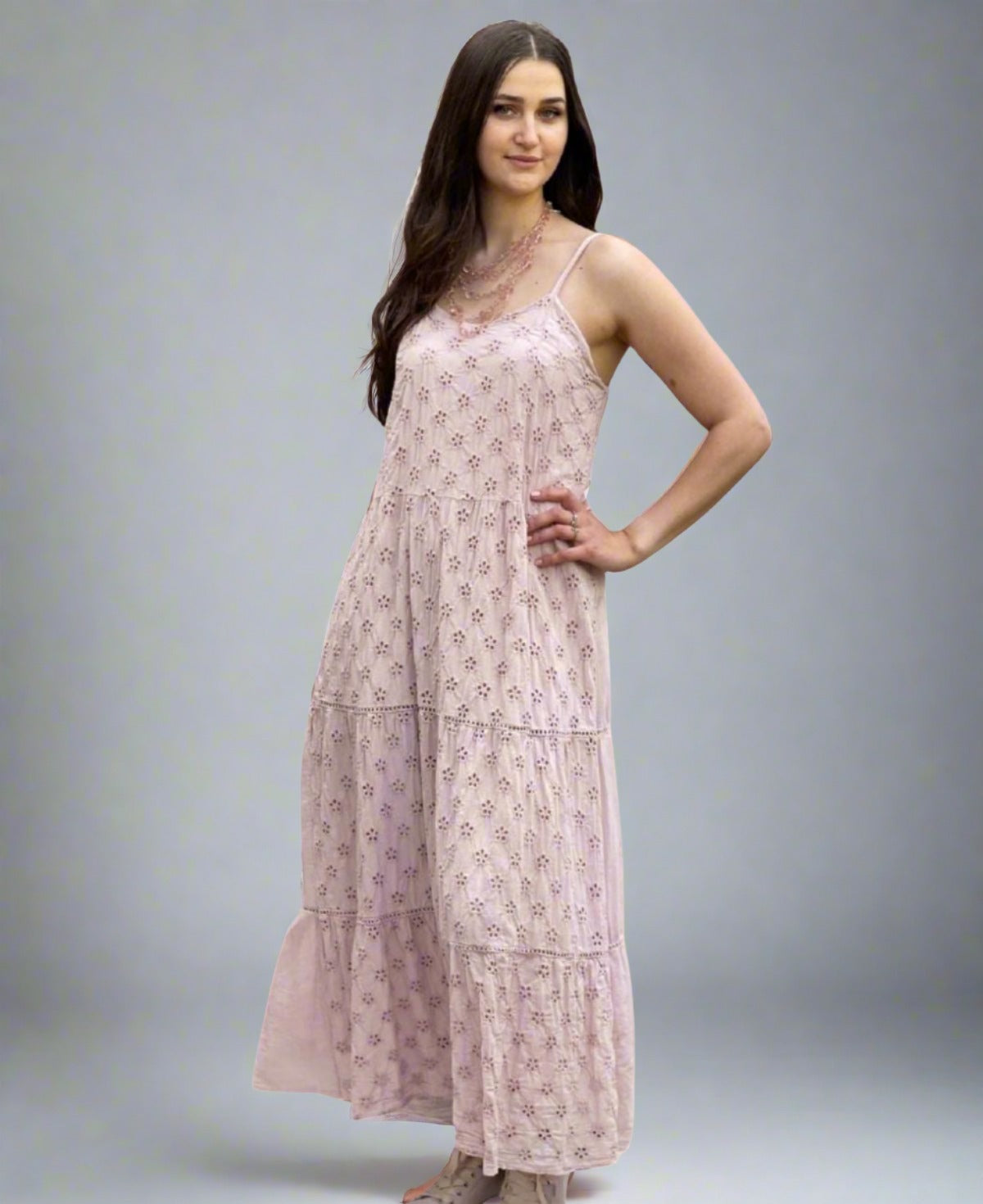 Rose-coloured Eyelet Embroidered Tiered Ruffle Maxi Dress showcasing intricate embroidery, a flattering A-line design, and charming tiered ruffle details for a feminine style.