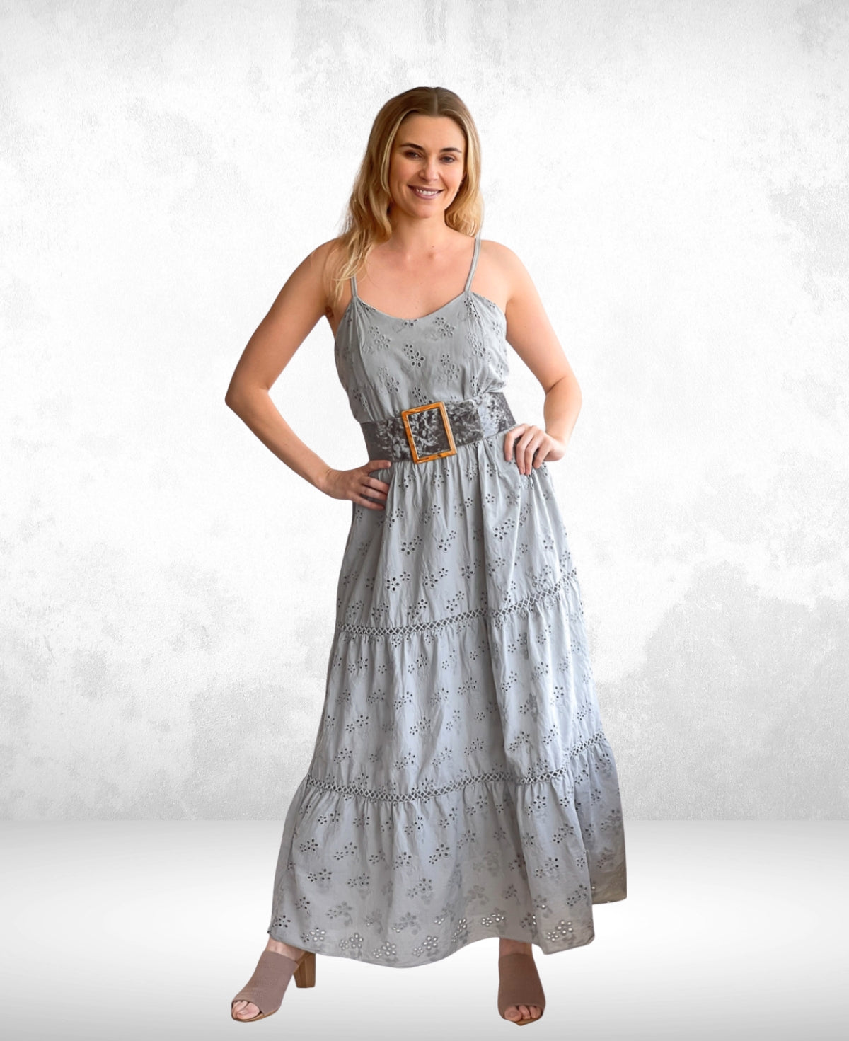Silver Eyelet Embroidered Tiered Ruffle Maxi Dress featuring subtle eyelet embroidery, a graceful A-line silhouette, and elegant tiered ruffles for a chic, versatile look.