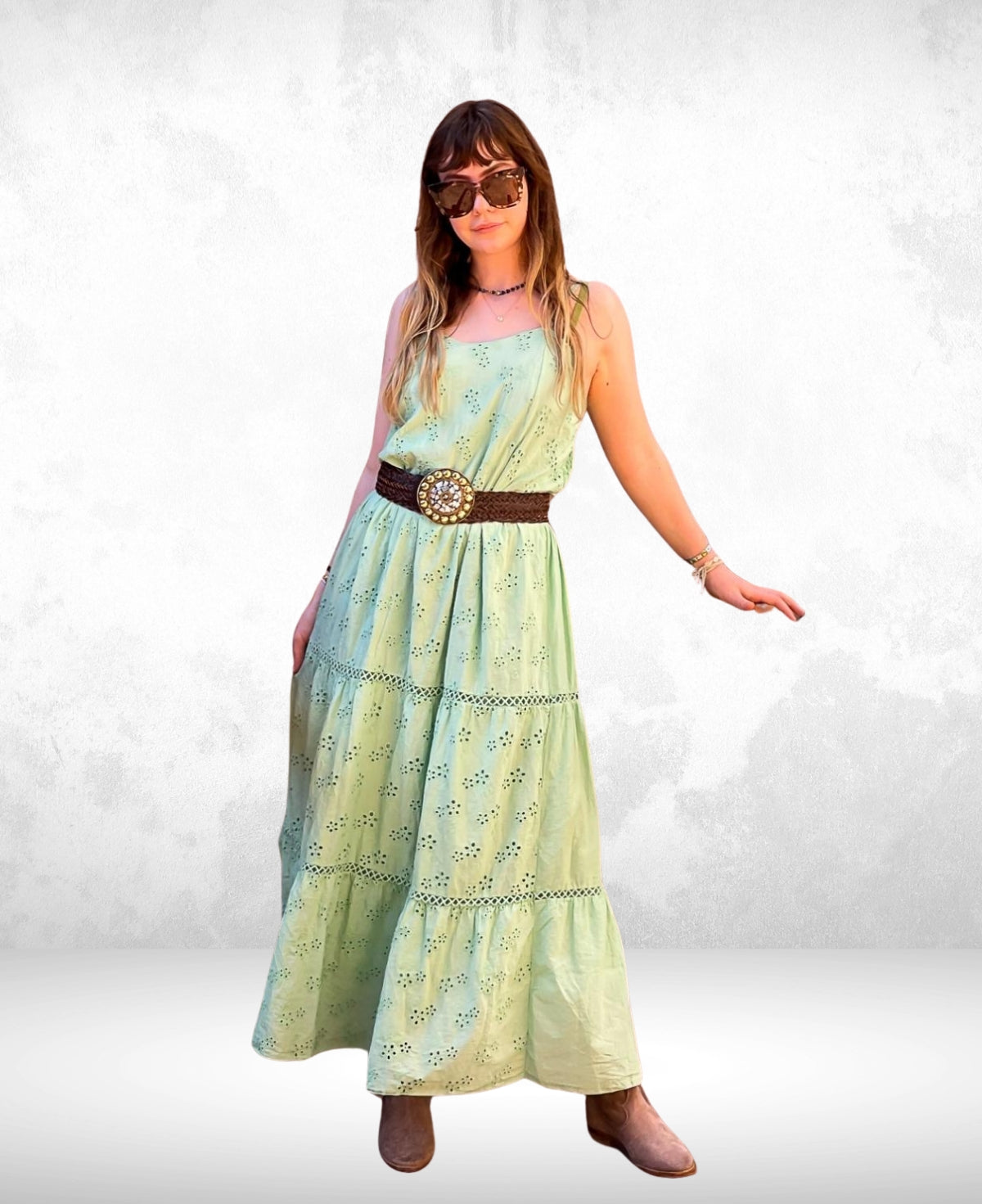 Mint Eyelet Embroidered Tiered Ruffle Maxi Dress featuring intricate embroidery, a flowing A-line silhouette, and cascading tiered ruffles for a bohemian look