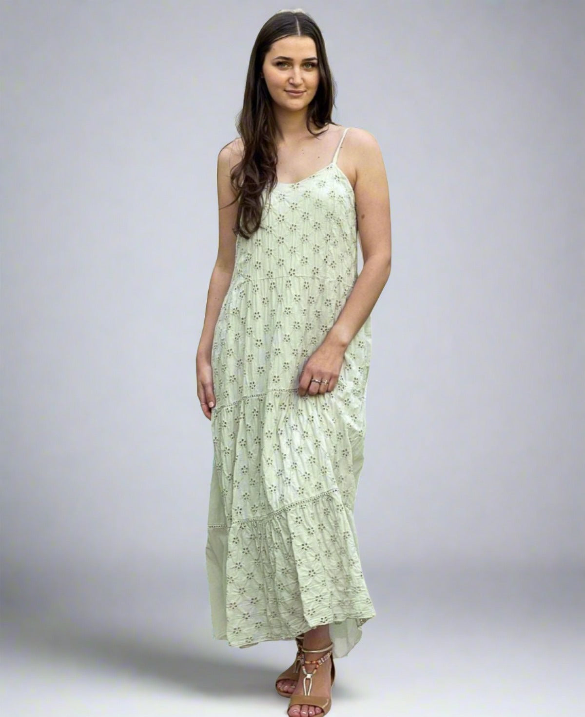 Mint Eyelet Embroidered Tiered Ruffle Maxi Dress featuring intricate embroidery, a flowing A-line silhouette, and cascading tiered ruffles for a bohemian look