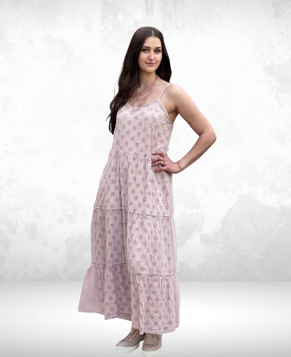 Rose-colored Eyelet Embroidered Tiered Ruffle Maxi Dress showcasing intricate embroidery, a flattering A-line design, and charming tiered ruffle details for a feminine style.