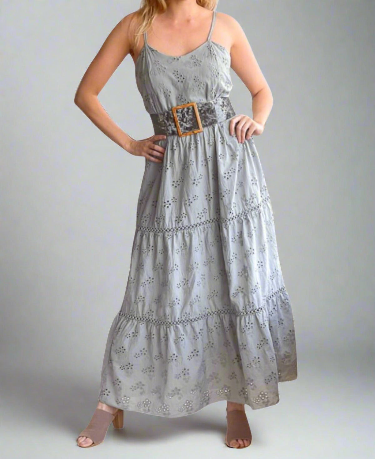Silver Eyelet Embroidered Tiered Ruffle Maxi Dress featuring subtle eyelet embroidery, a graceful A-line silhouette, and elegant tiered ruffles for a chic, versatile look