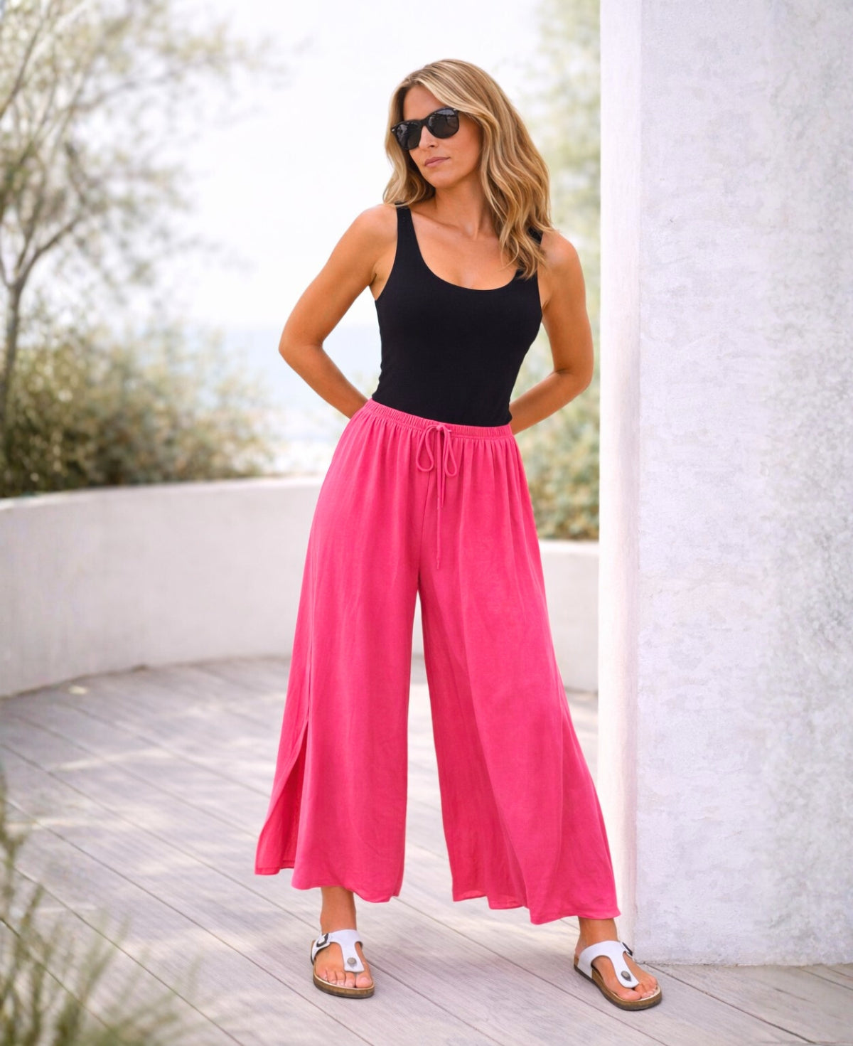 Somma rayon wide leg pants in vibrant pink with elastic waist and flowing wide leg