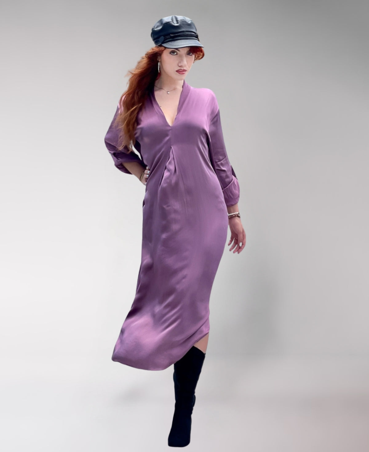 Valene Maxi Dress in dusty pink, crafted from luxurious satin with a soft sheen. Features a graceful V-neckline, flowing silhouette, and side splits for elegant movement.
