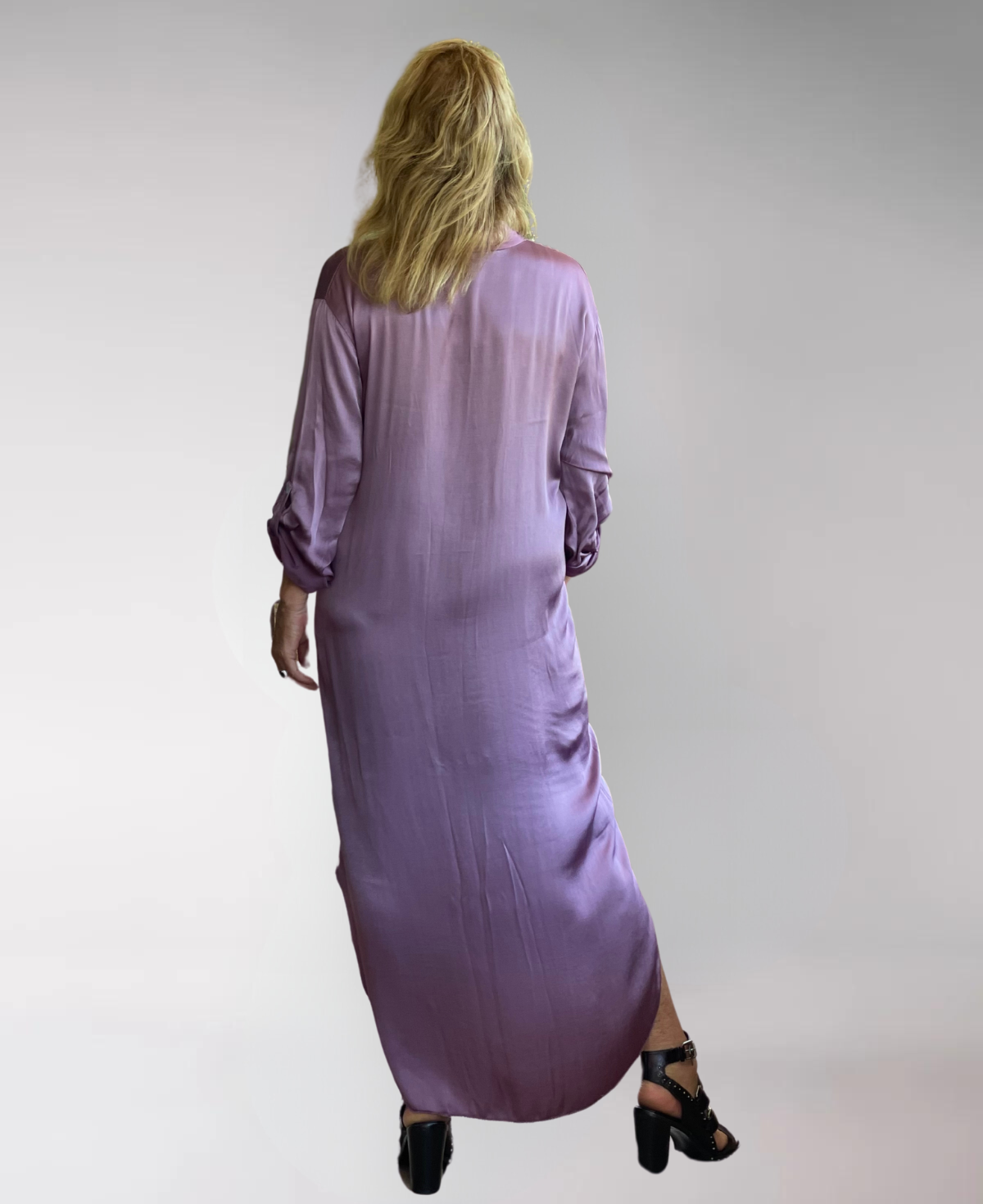 Valene Maxi Dress in dusty pink, crafted from luxurious satin with a soft sheen. Features a graceful V-neckline, flowing silhouette, and side splits for elegant movement.