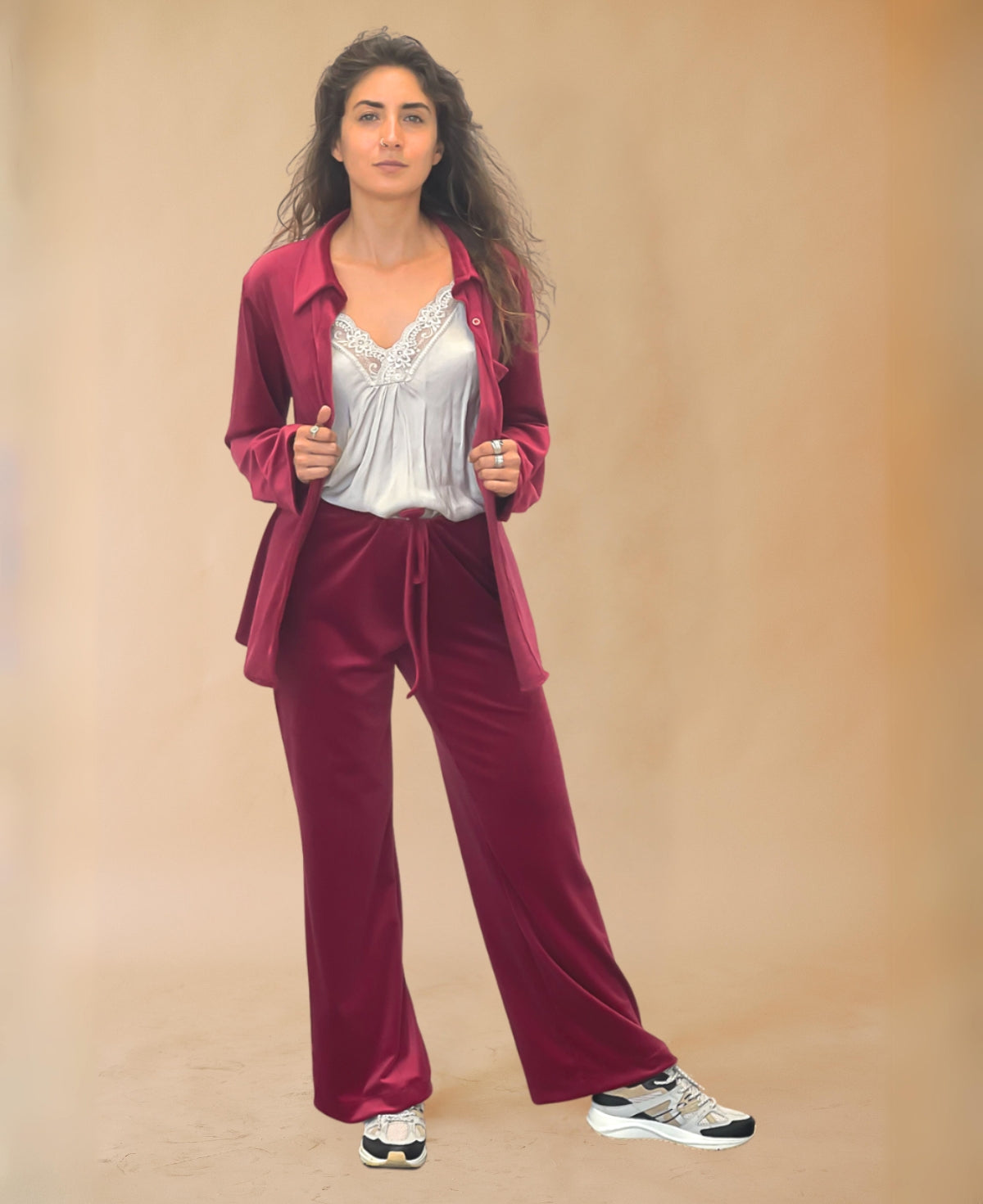 Bordeaux Marshmallow Lounge Pants in ultra-soft, lush chenille with a luxurious iridescent finish, offering a sophisticated yet relaxed vibe for stylish lounging.