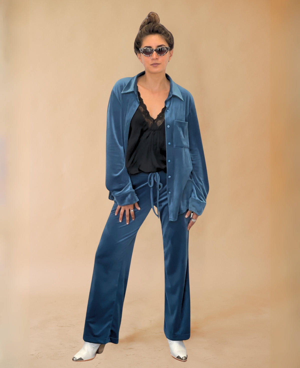 Blue teal Marshmallow Lounge Pants made of ultra-soft, lush chenille with an iridescent finish, blending cozy comfort with a stylish, laid-back vibe.