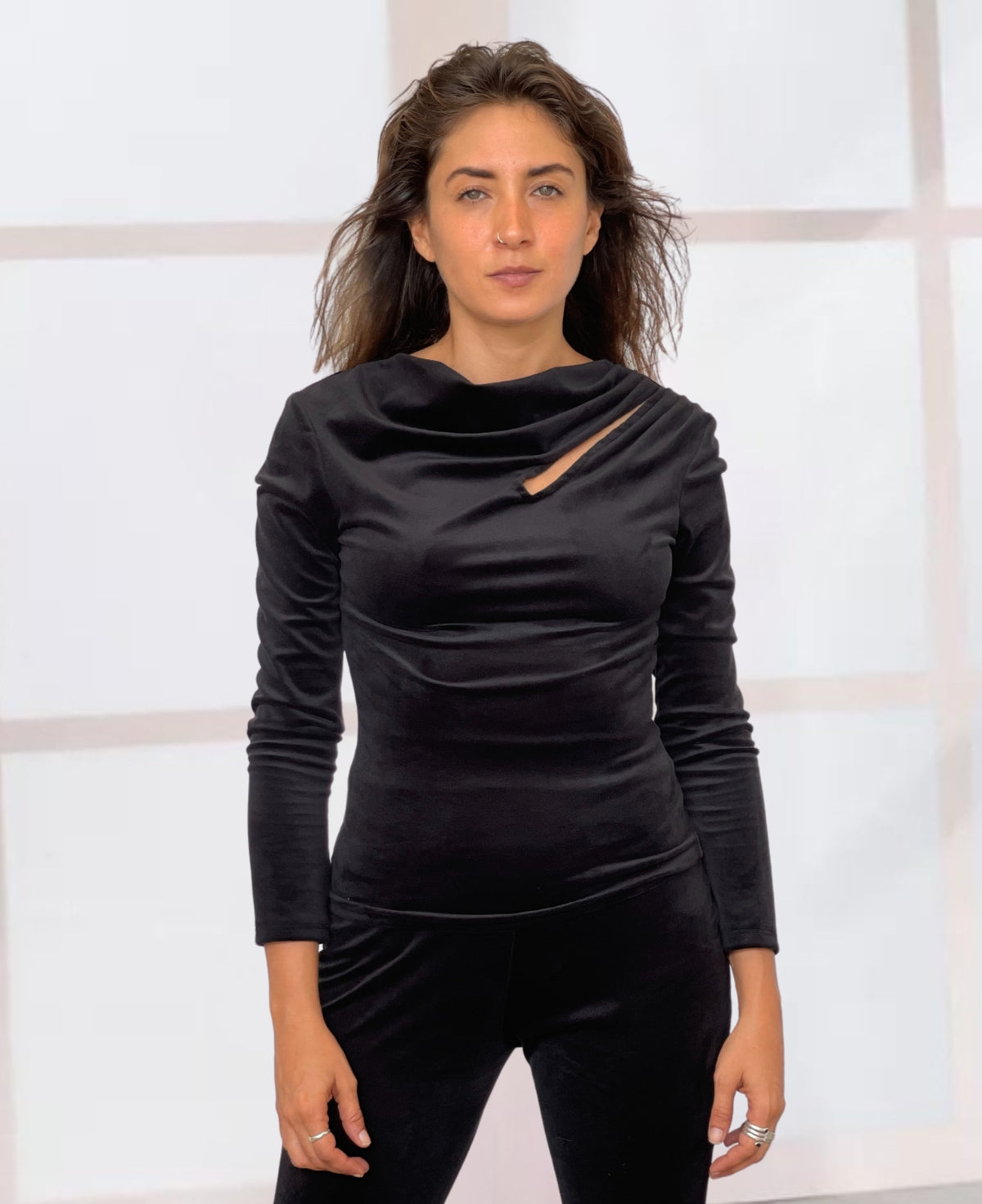 Classic black teardrop top from The Marshmallow Collection, made with ultra-soft brushed chenille and an eye-catching teardrop front cut, blending elegance with everyday style.